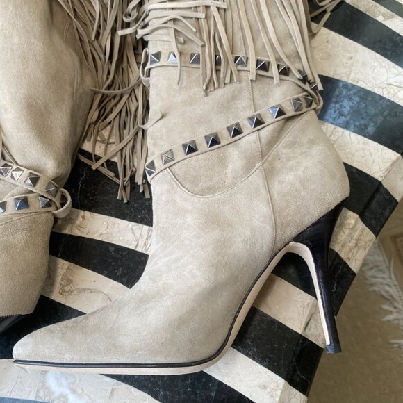 MANOLO BLAHNIK Suede Fringe Western Boots Heels - Picture 12 of 16